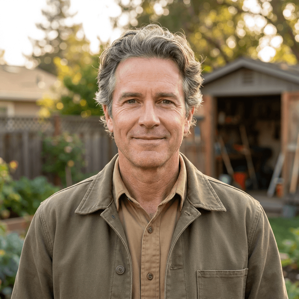 Homeowner leaning against his house