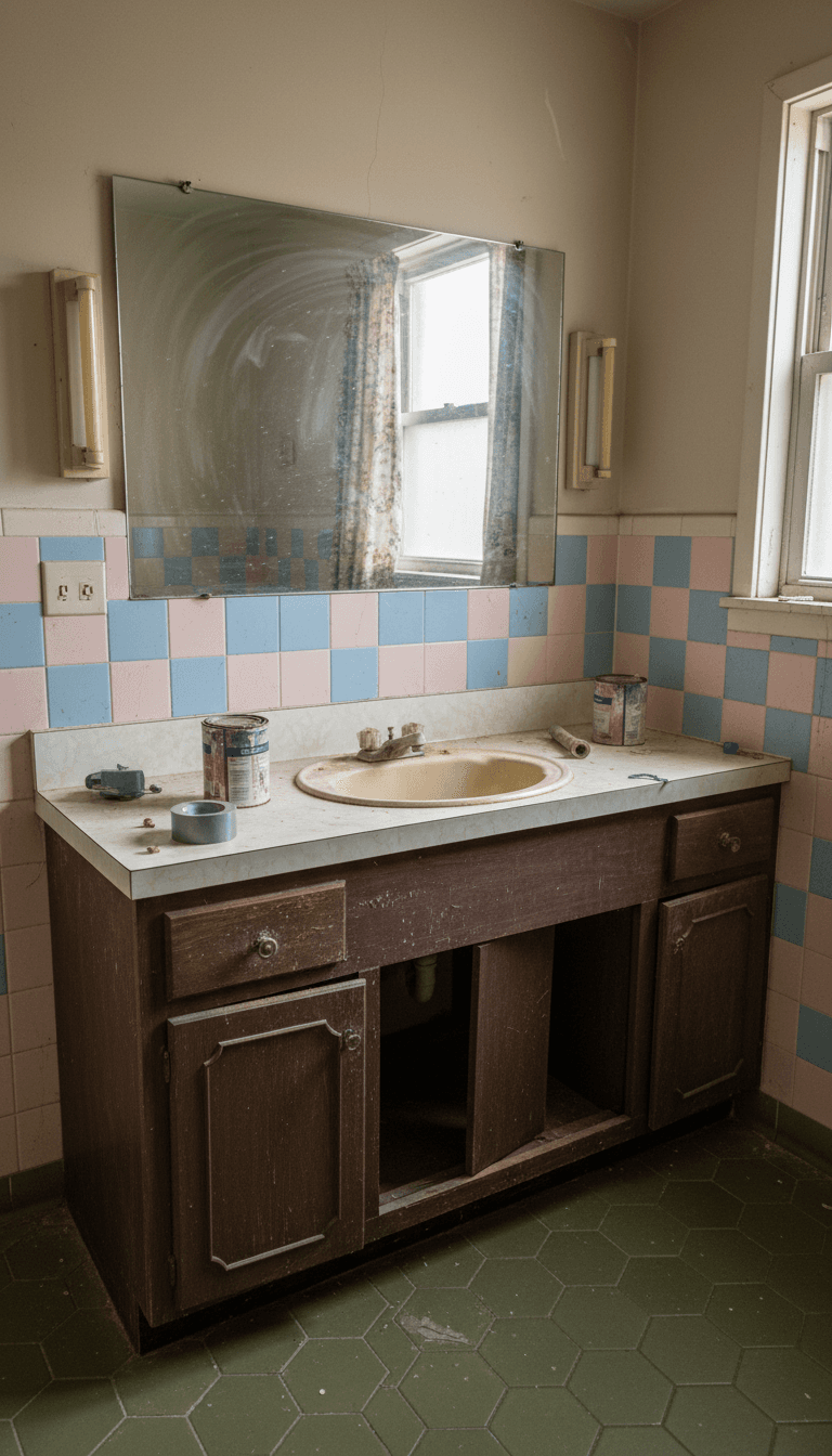 Outdated vanity and tiled counter in a hallway bath before work began