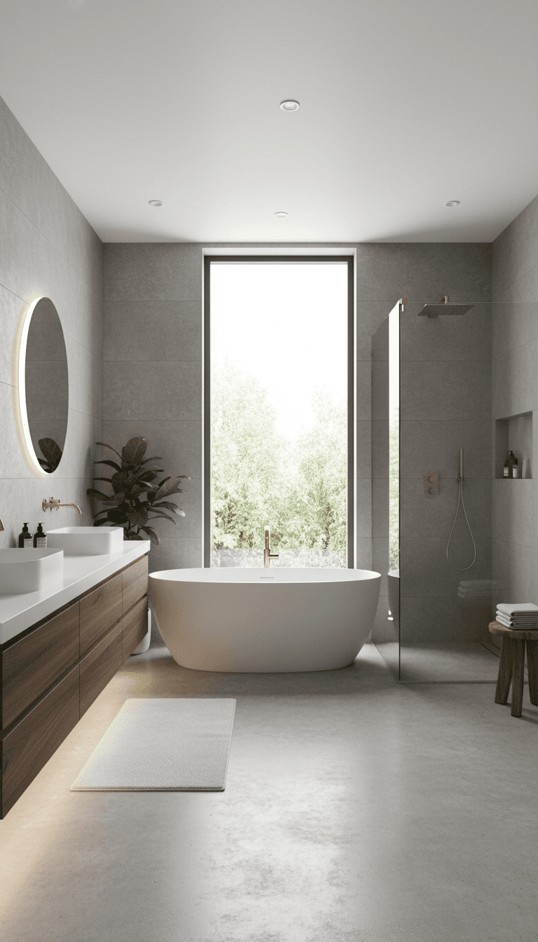Same master bath redesigned with a freestanding tub and glass walk-in shower
