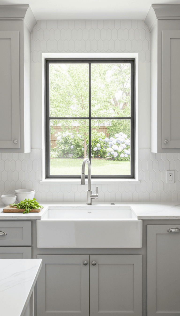 Remodeled kitchen with light gray cabinets and a farmhouse sink