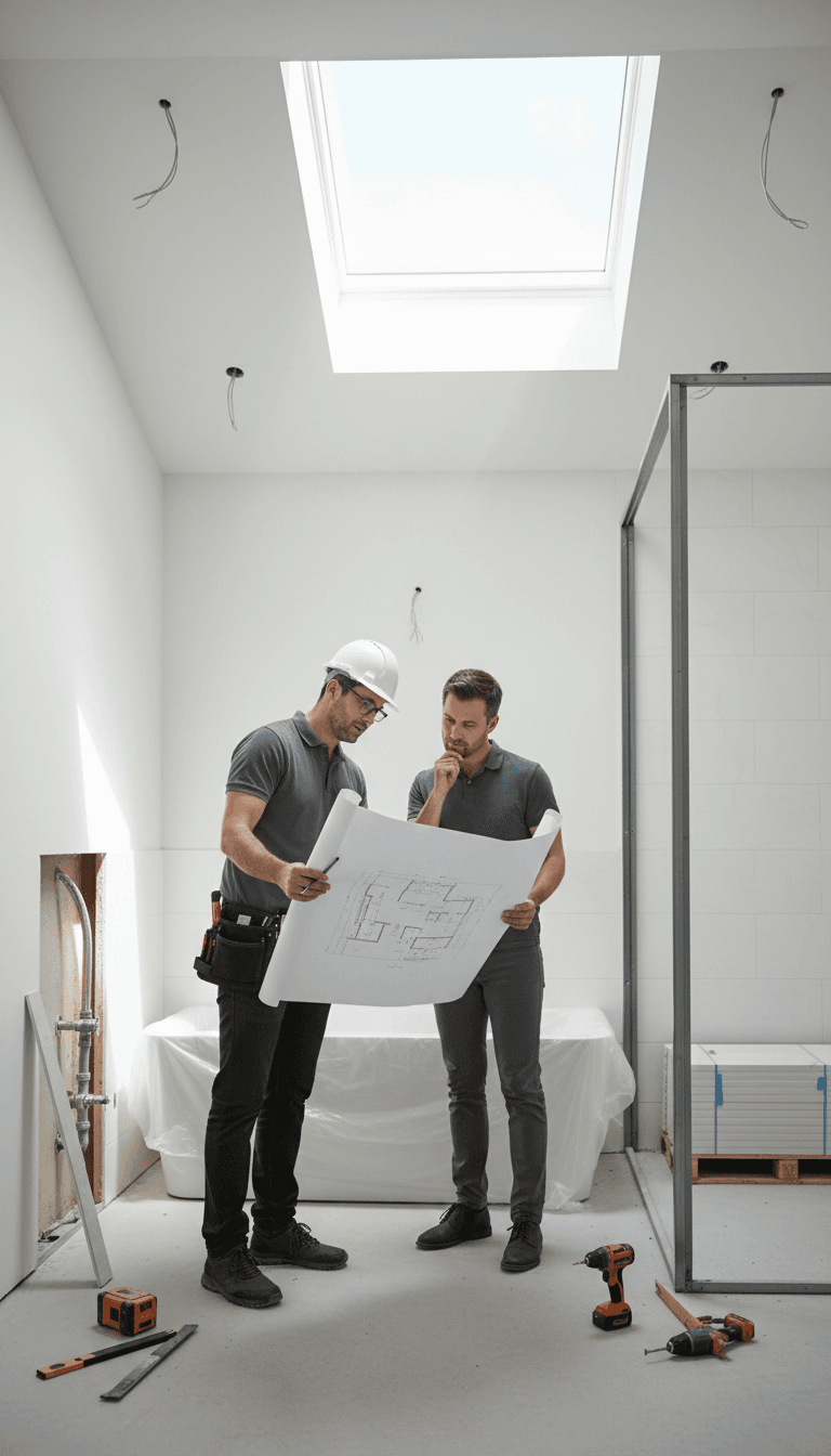 Contractor reviewing plans with homeowner in a bright bathroom remodel