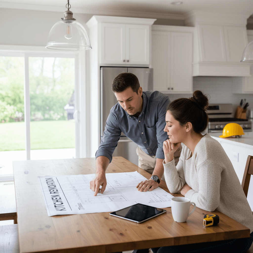 Remodeling contractor and homeowner reviewing plans together in a home