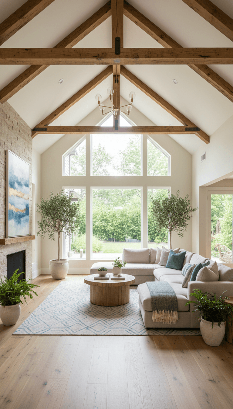 Bright living room with vaulted ceiling after a whole house remodel