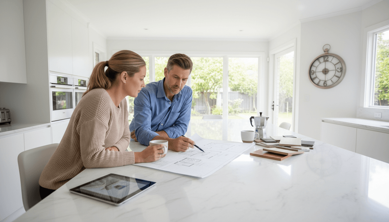 Remodeler reviewing renovation plans with a homeowner at a bright kitchen table