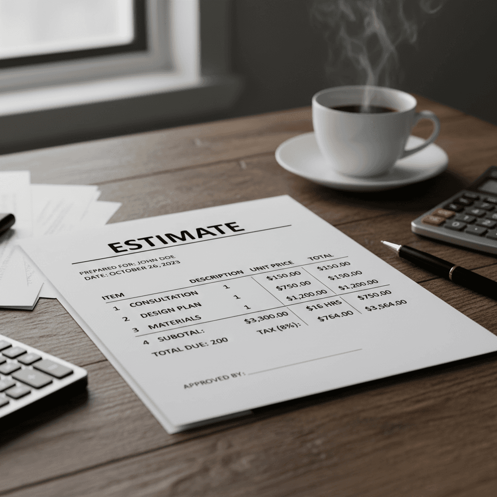 Itemized written estimate or proposal on a clean desk