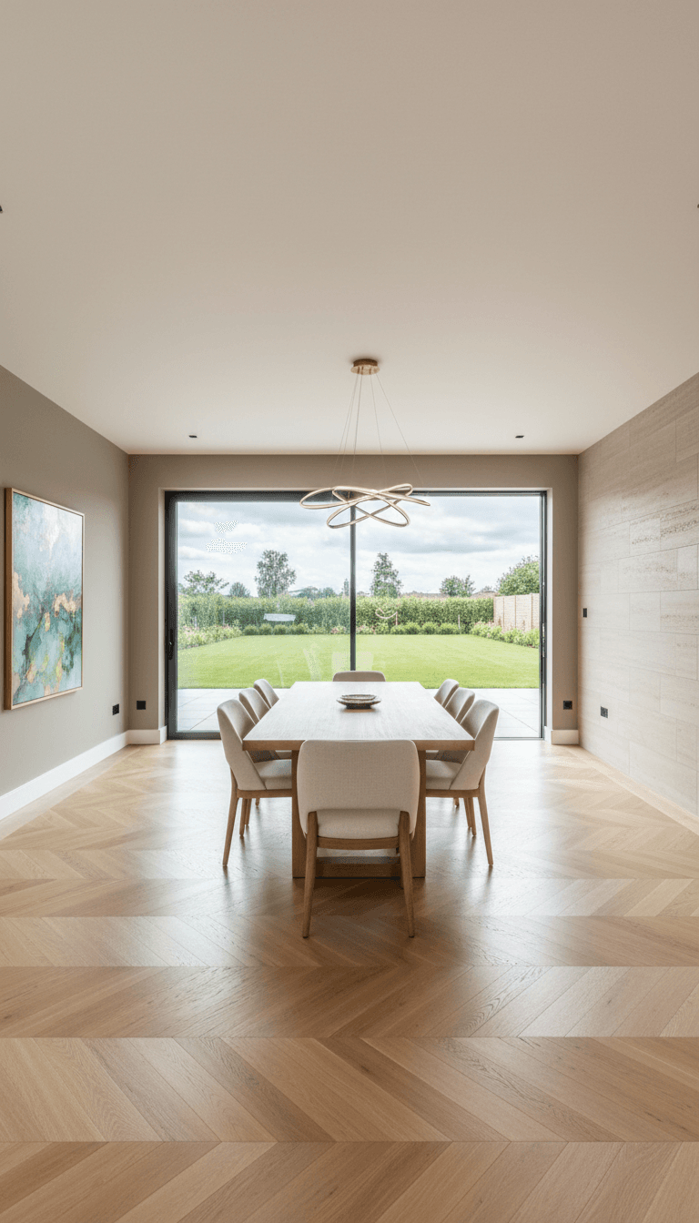 Spacious dining room with new flooring after a remodel
