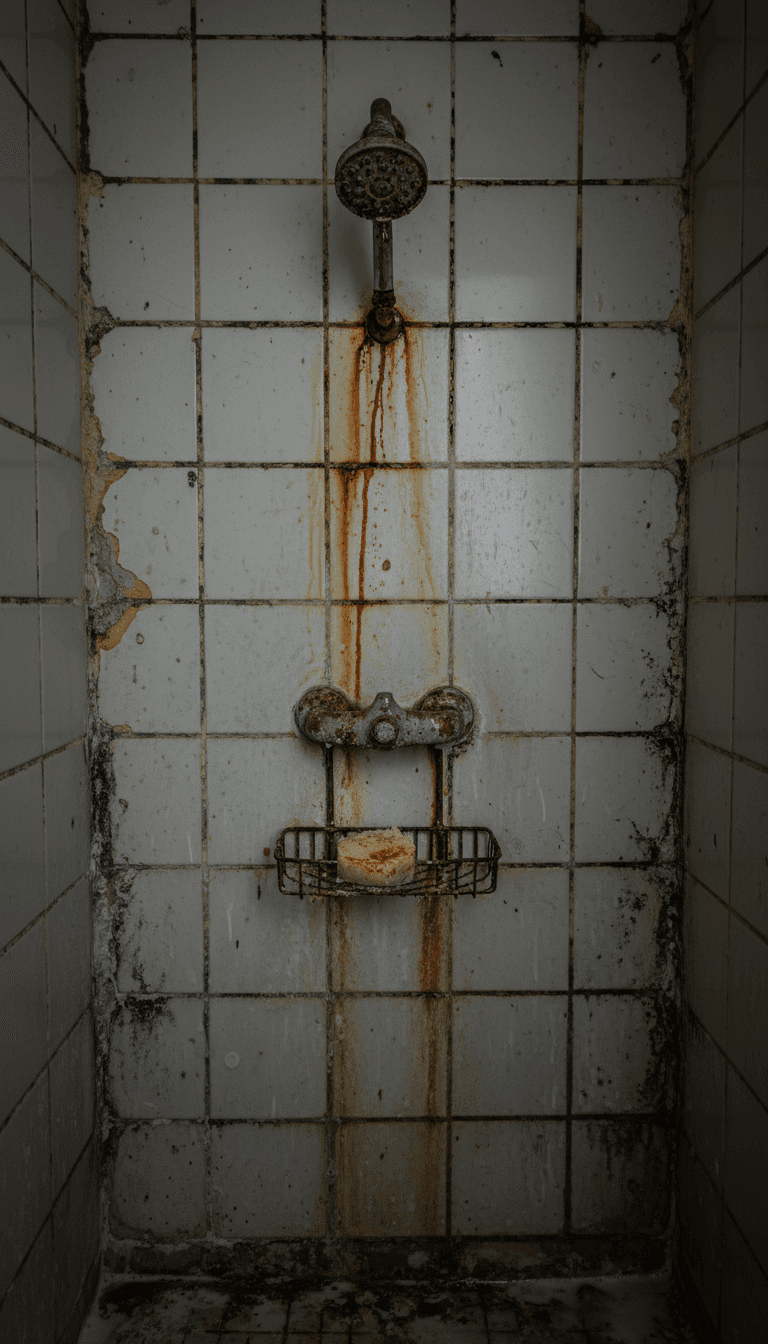Original shower tile and fixtures in a secondary bath before being replaced