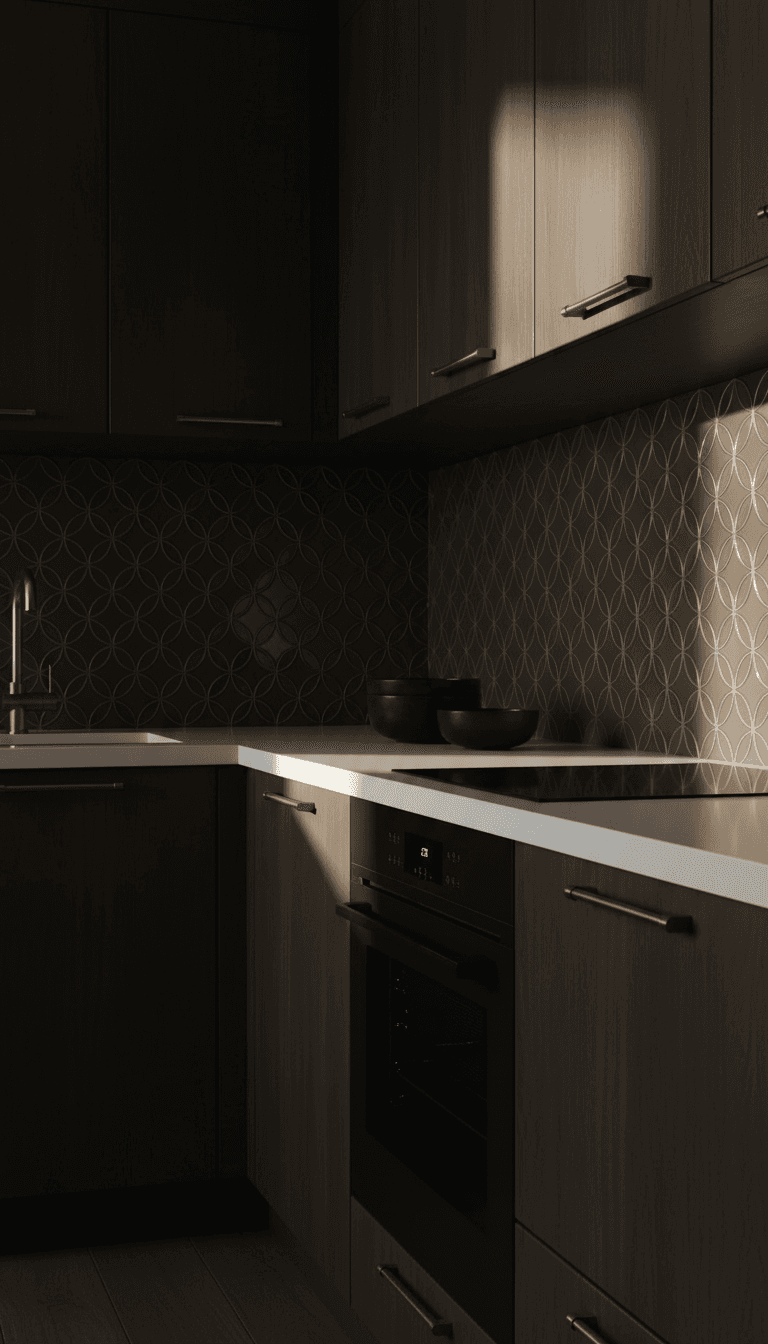 Modern kitchen with dark cabinetry and white countertops