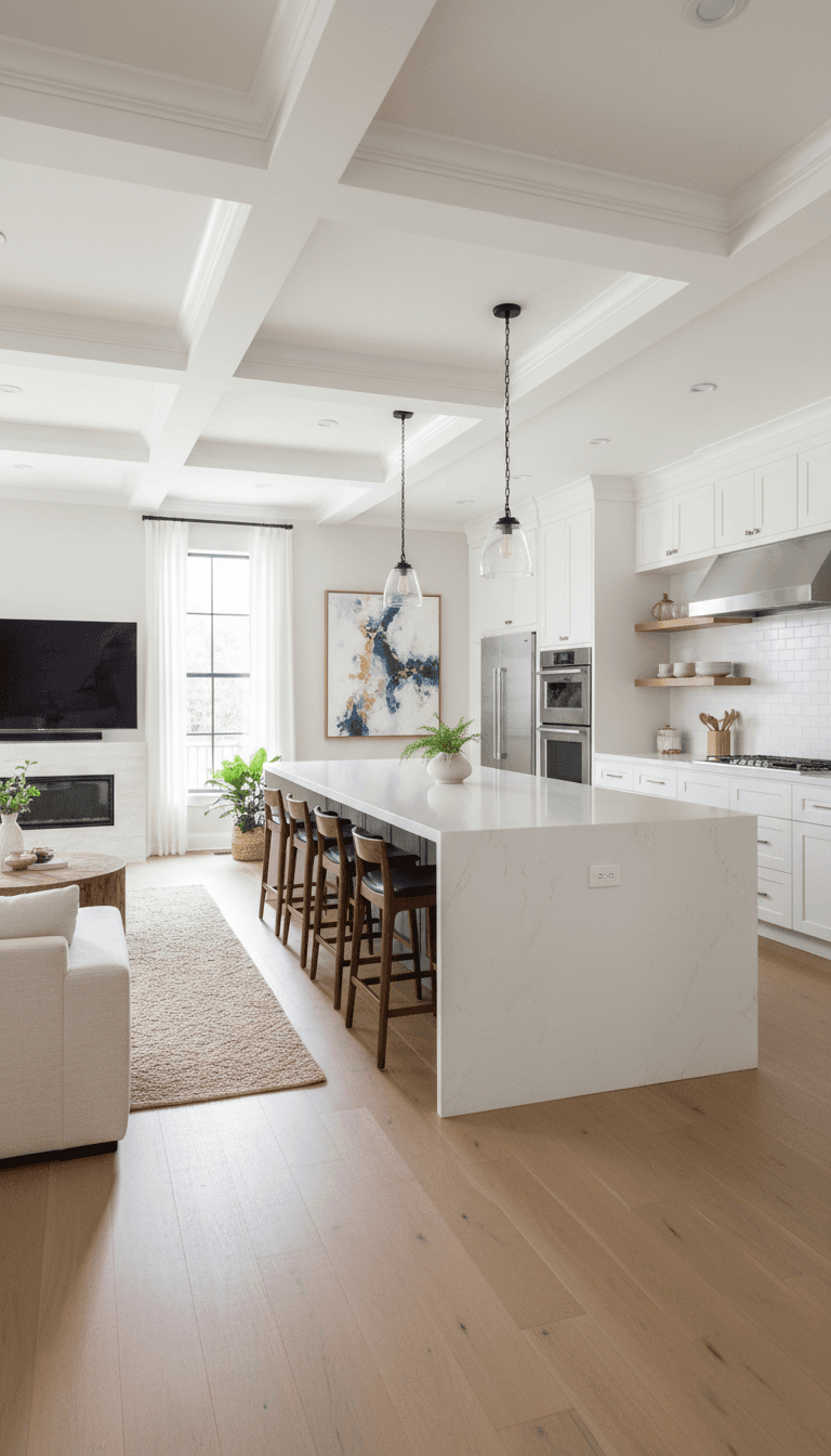 Open concept living room and kitchen after a whole home remodel