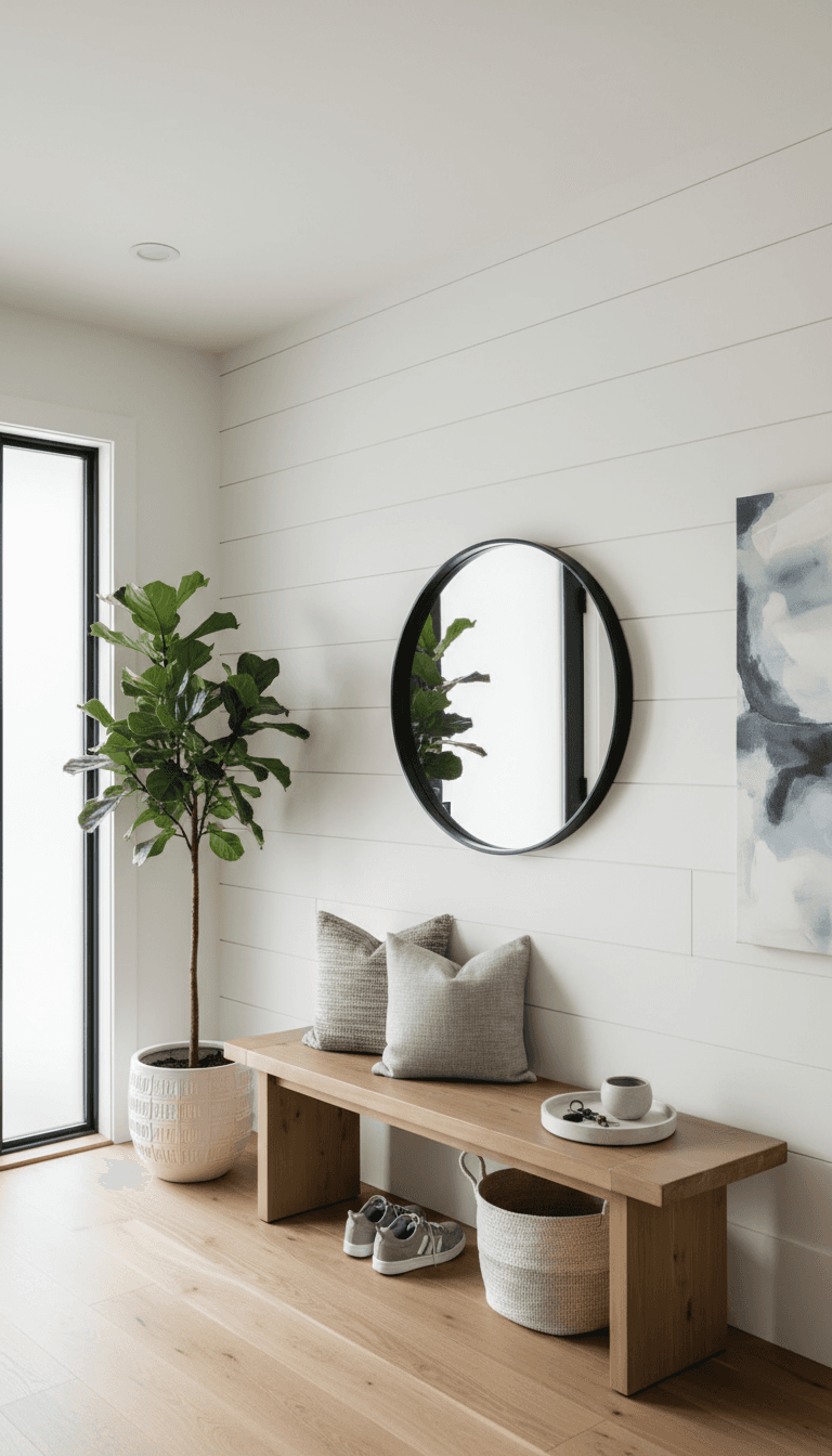 Modern entryway with shiplap wall after a home renovation