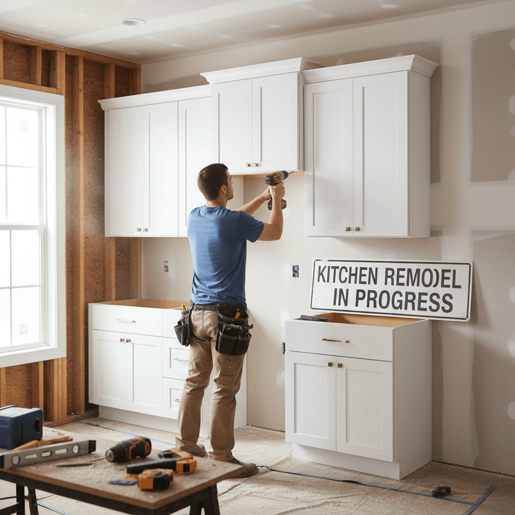 Contractor installing cabinets during a kitchen renovation