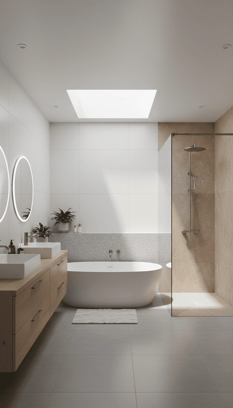 Modern bathroom with a freestanding tub and glass-enclosed shower