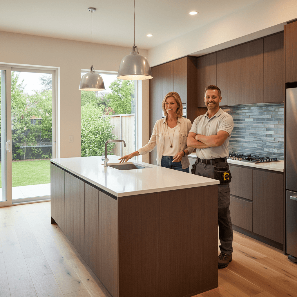Happy homeowner inspecting a finished modern kitchen with the contractor