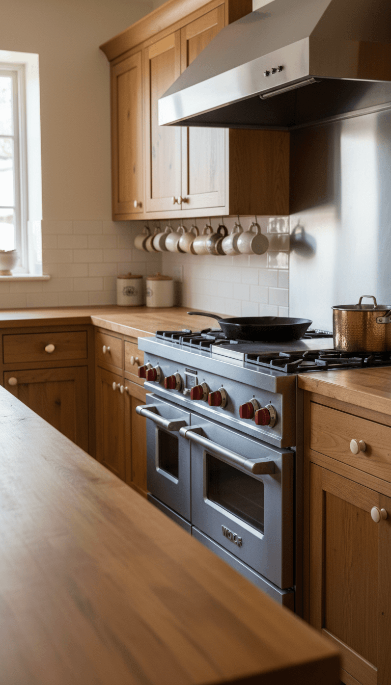 Kitchen with wooden cabinets and a Wolf range