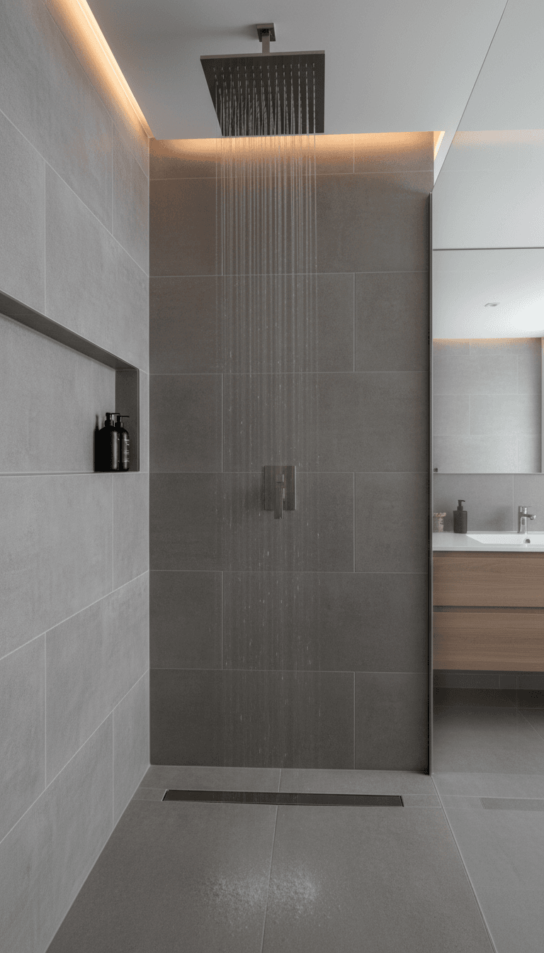 Same shower rebuilt with large-format tile and a rainfall shower head