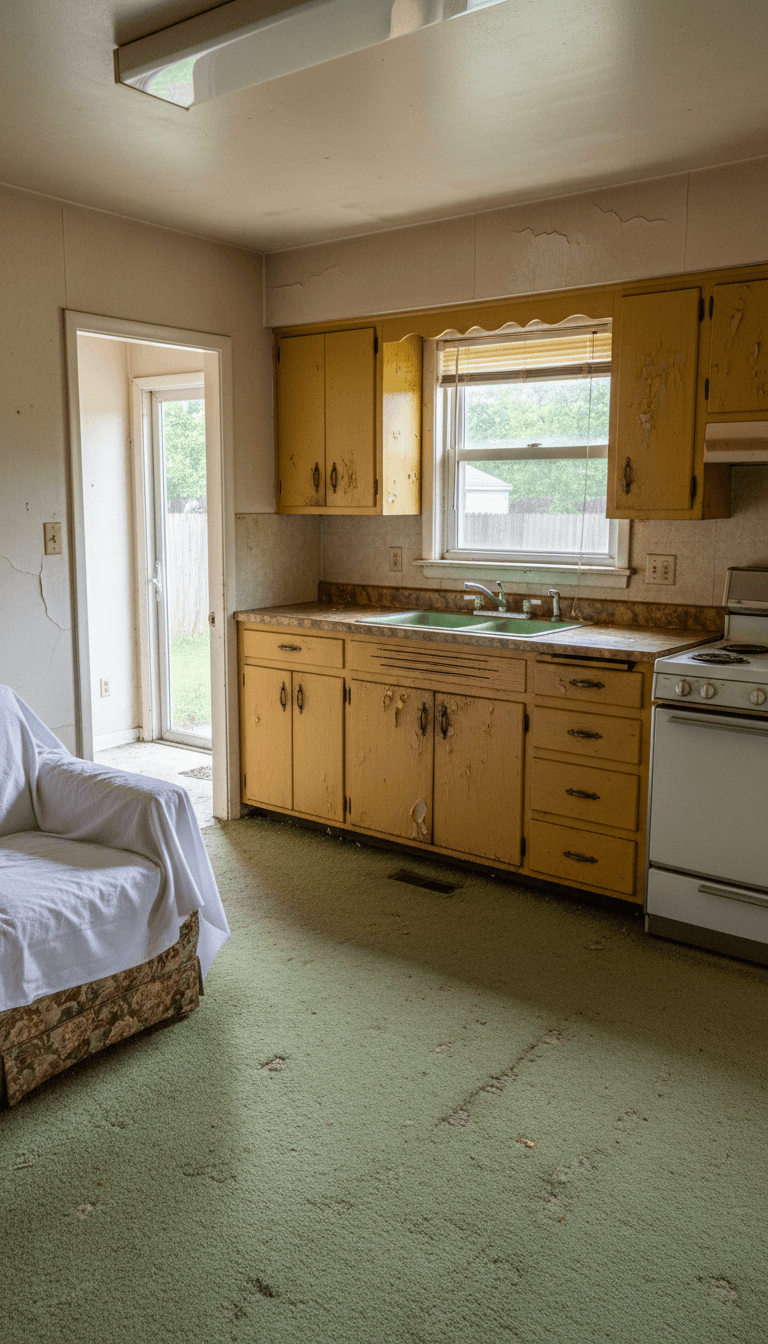 Dated kitchen and worn carpet before a whole home remodel