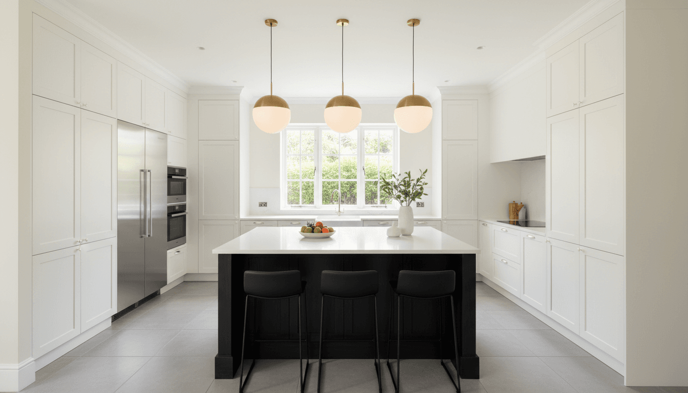 Bright modern kitchen with white cabinets and a dark island