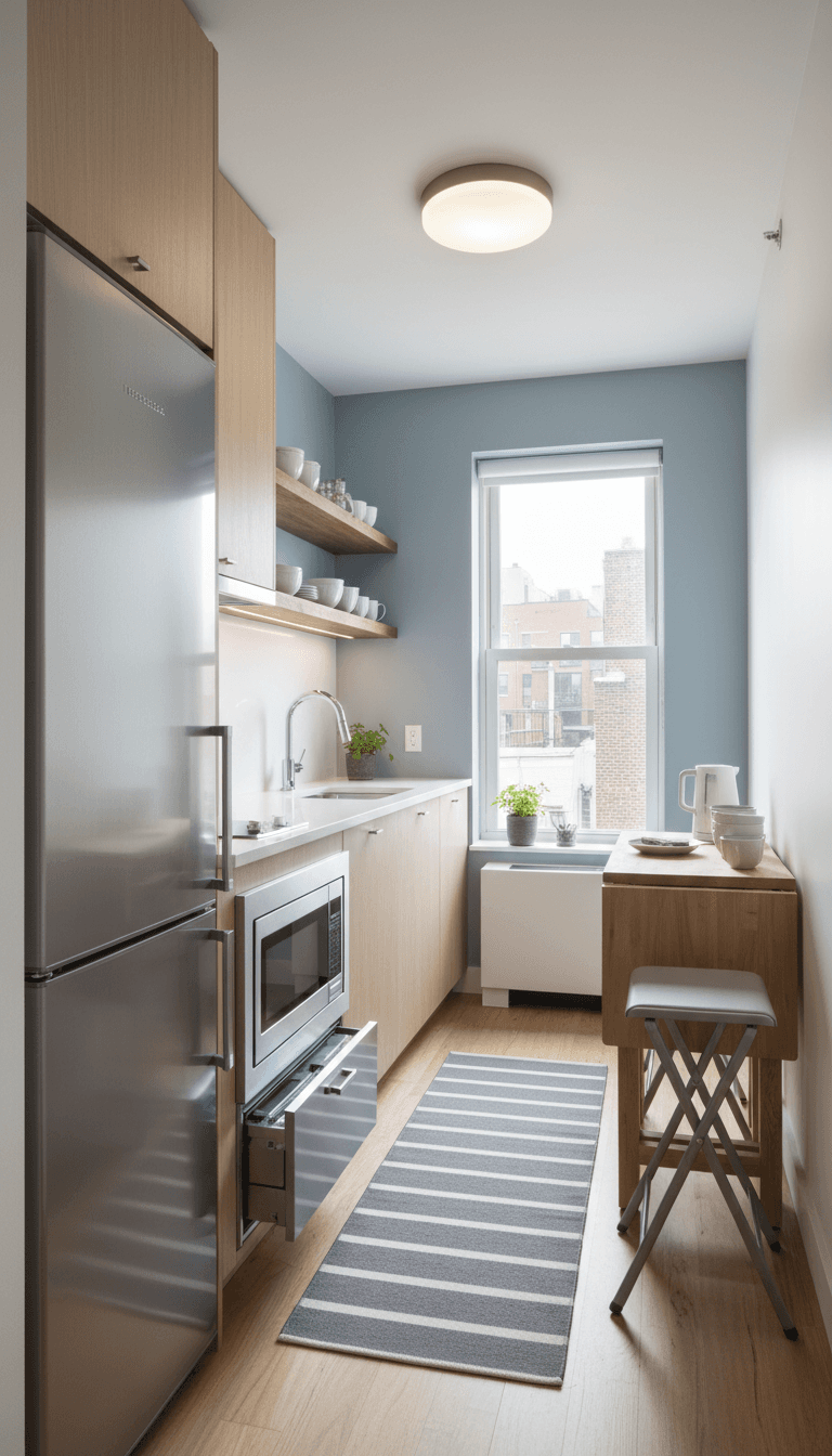 Small kitchen updated with compact appliances and efficient layout