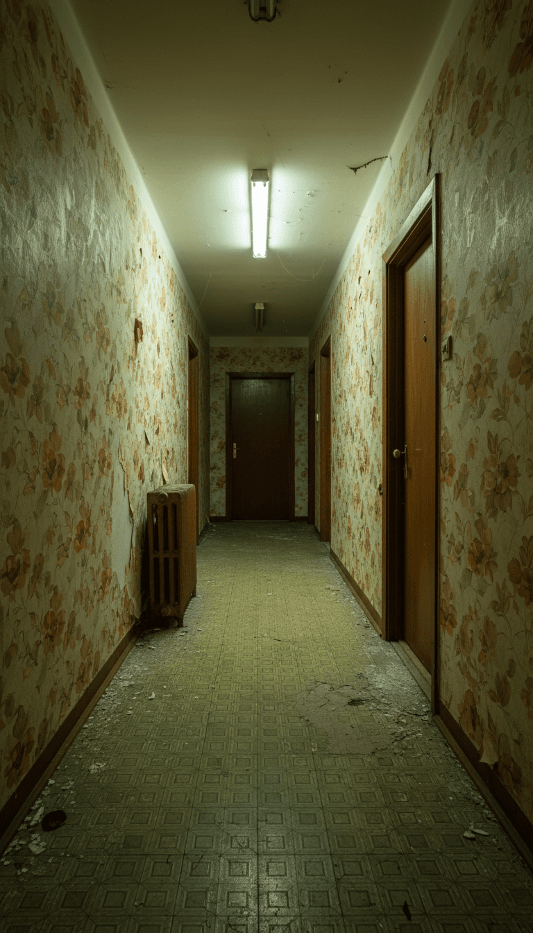 Dark hallway with dated wallpaper before a remodel