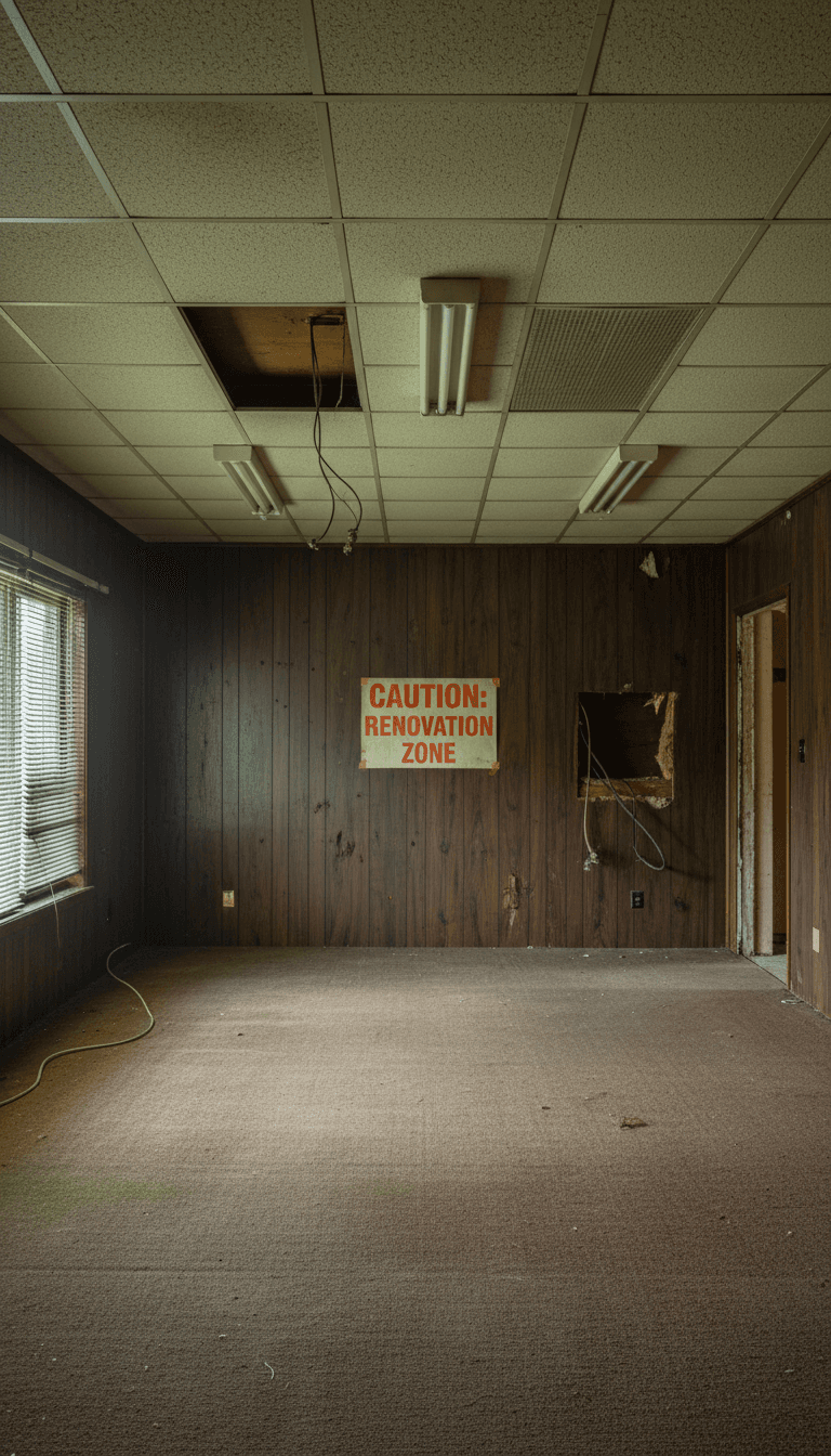 Empty living room with old paneling before a renovation