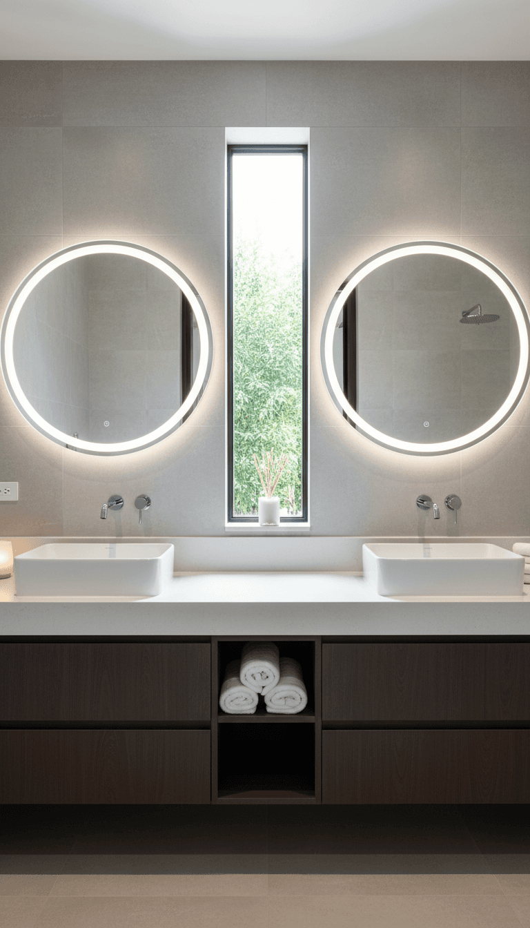 Same hallway bath refitted with a double vanity and white quartz countertop
