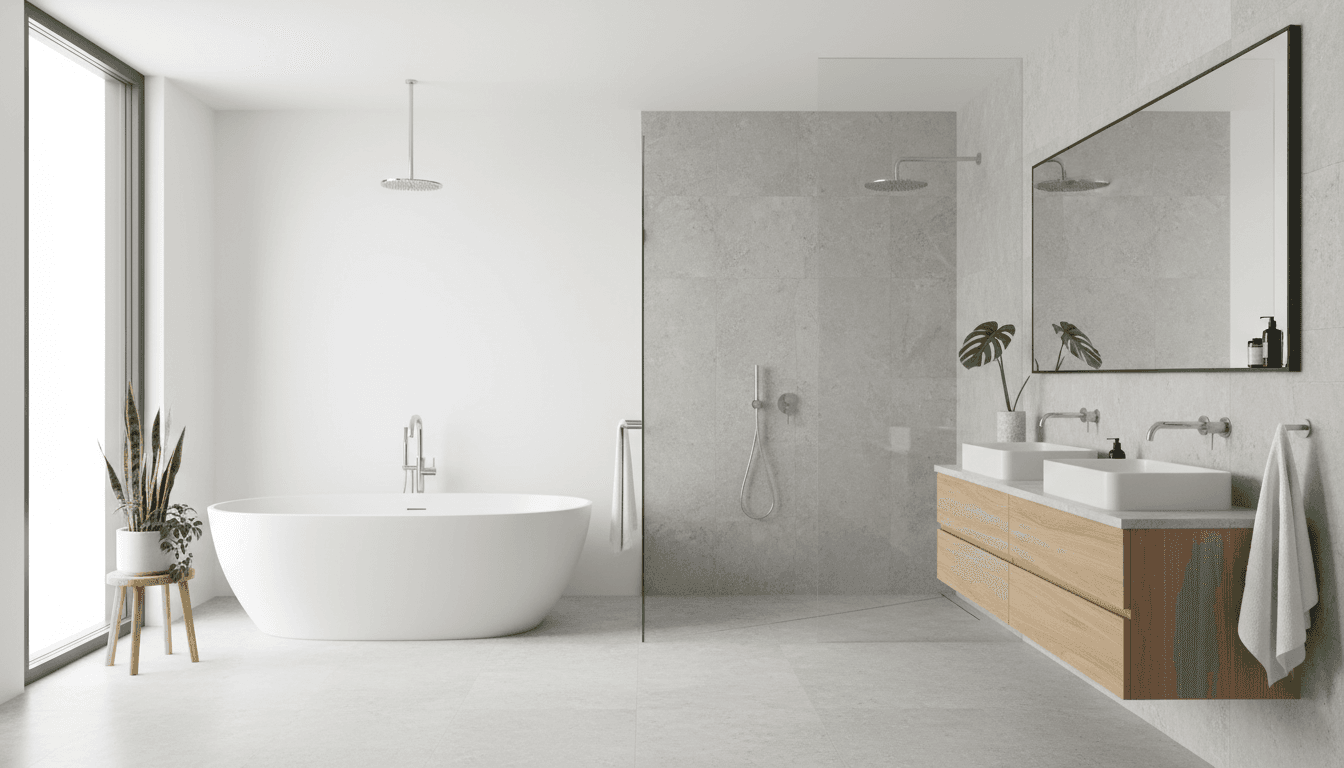 Modern bathroom remodel with freestanding tub and glass shower