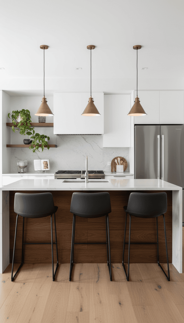 Kitchen island with bar stool seating and pendant lights after remodel