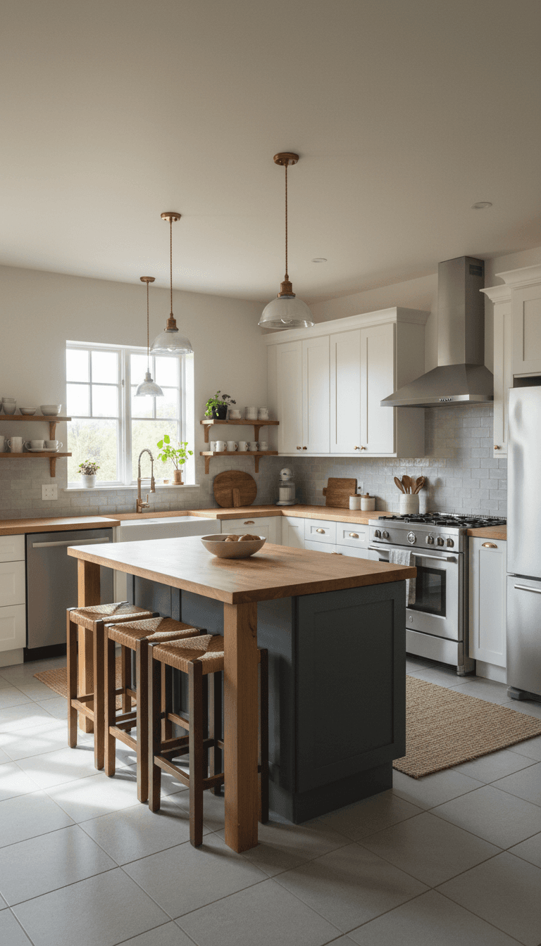 Modern kitchen with white cabinets and a dark gray island