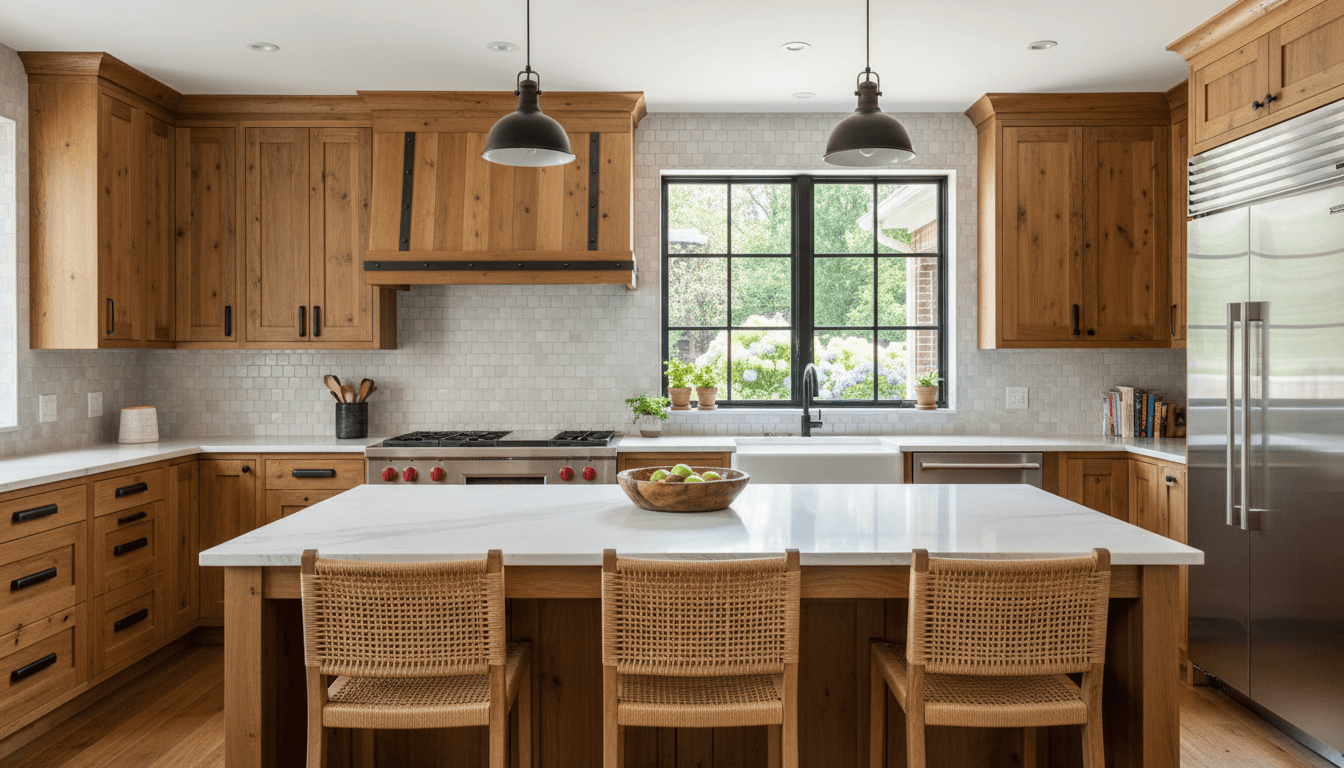 Modern remodeled kitchen with wooden cabinets, white countertops, and a farmhouse sink bathed in natural light