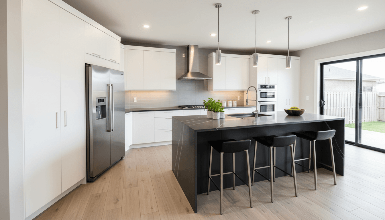 Modern remodeled kitchen with white cabinetry and a dark gray island