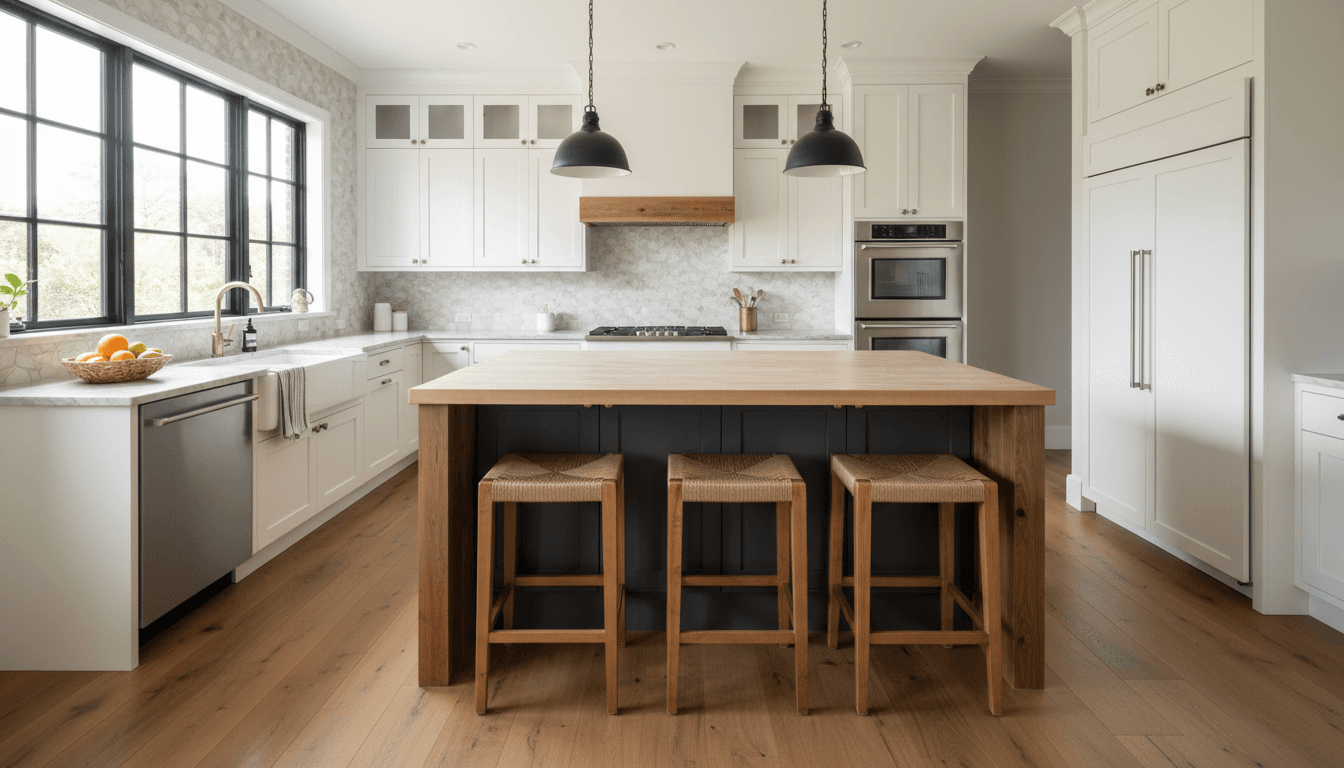 Modern remodeled kitchen with white cabinets, dark gray island, and wooden accents in a sunlit Castle Rock home