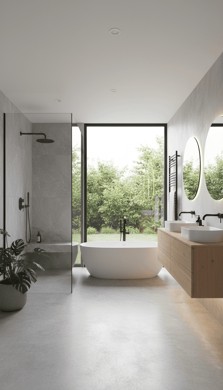 Modern bathroom with glass shower and freestanding tub