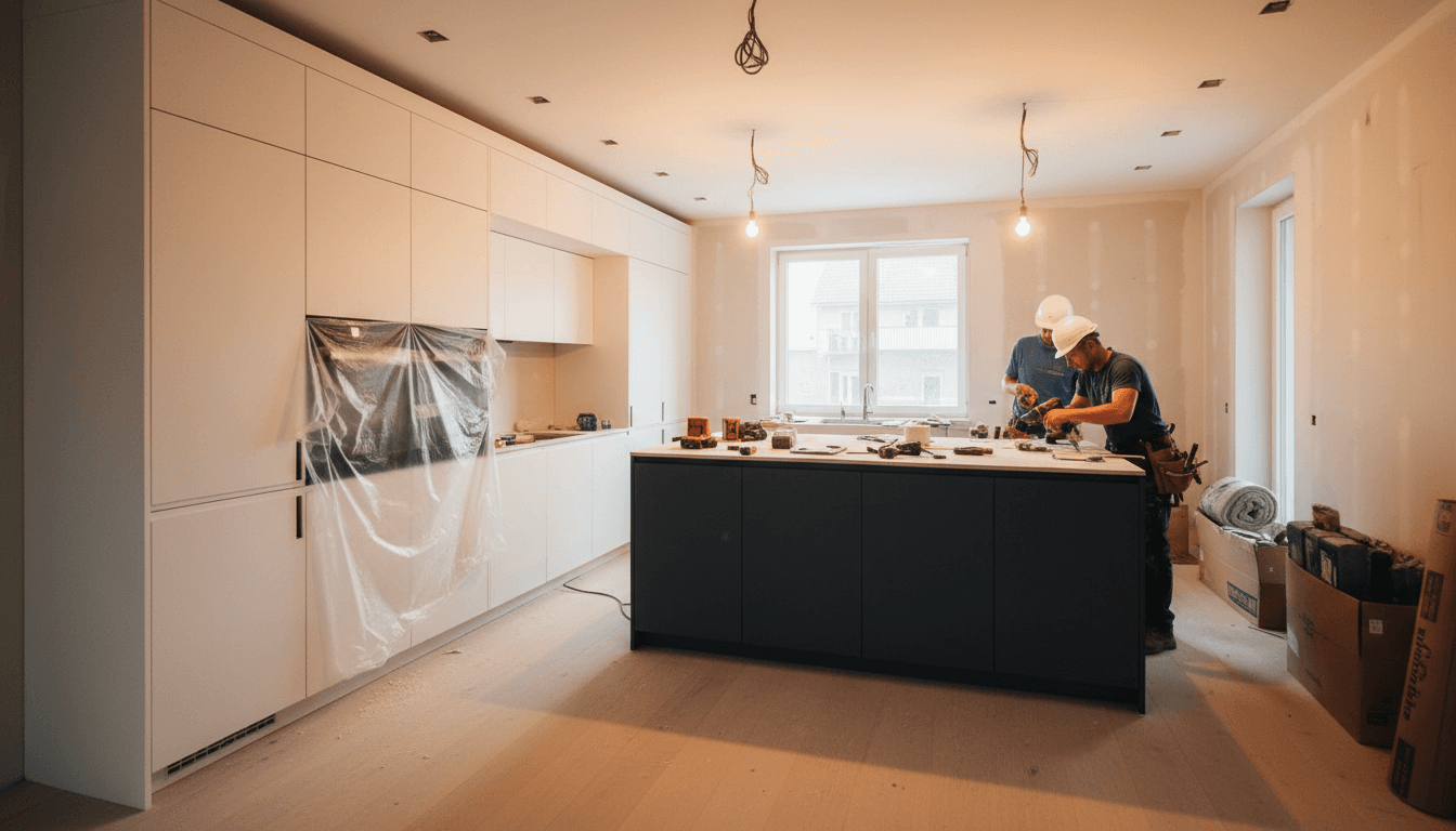Modern kitchen remodel with white cabinetry and dark island under construction