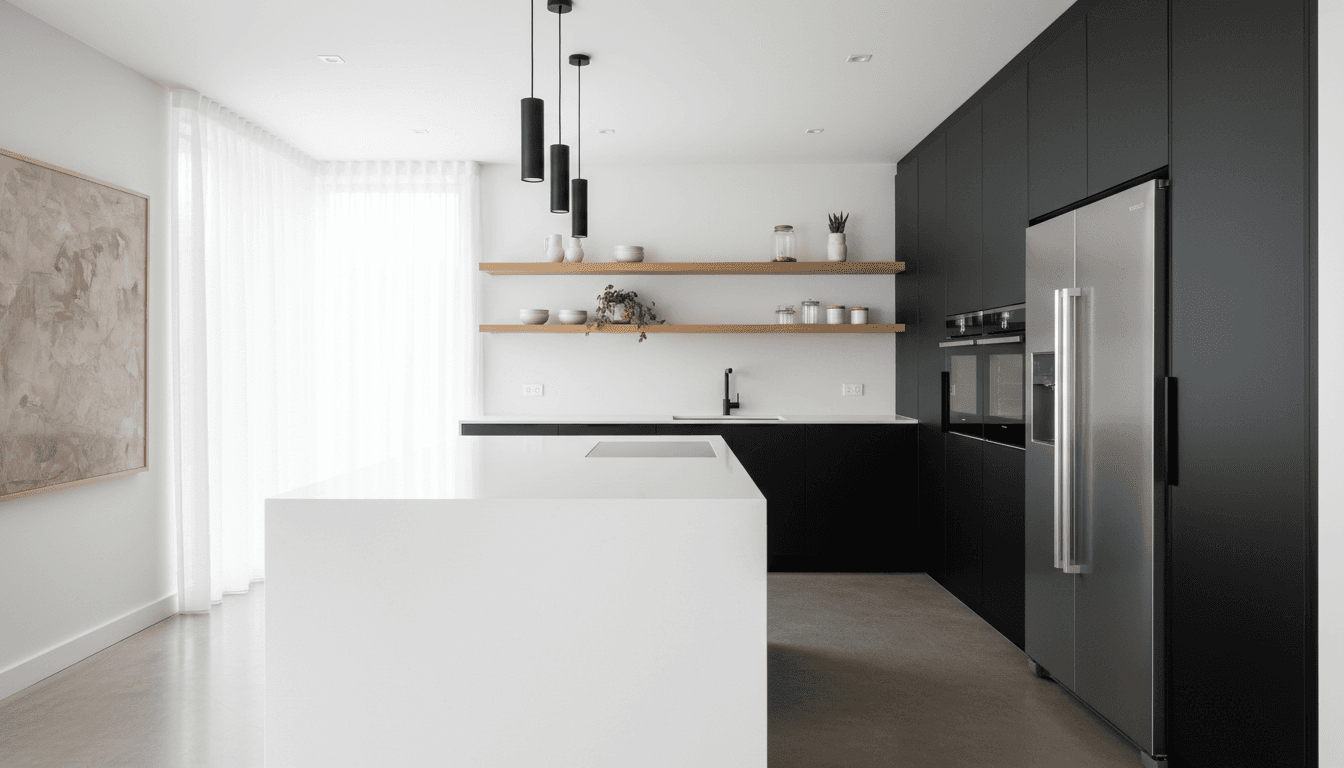 Bright remodeled kitchen with wood island and farmhouse sink in soft morning light