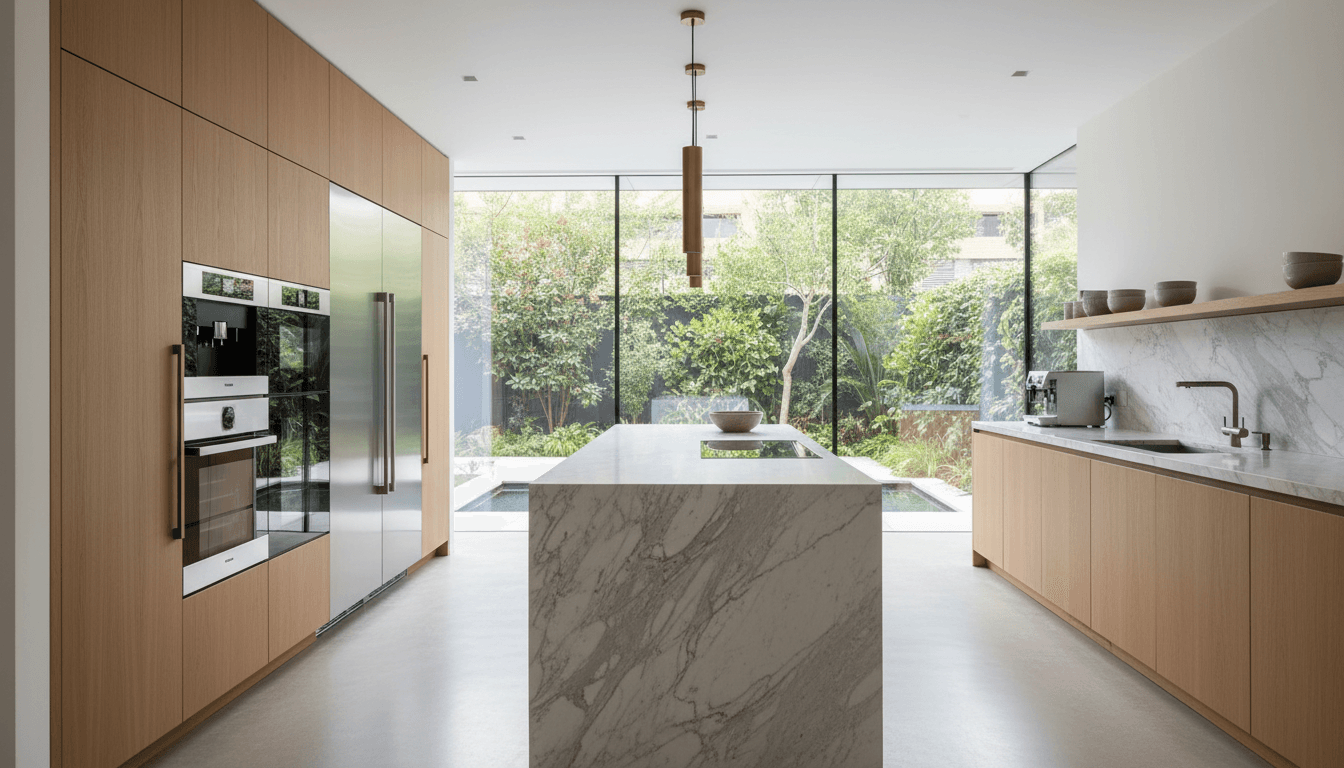 Kitchen with light gray cabinets and a Wolf range