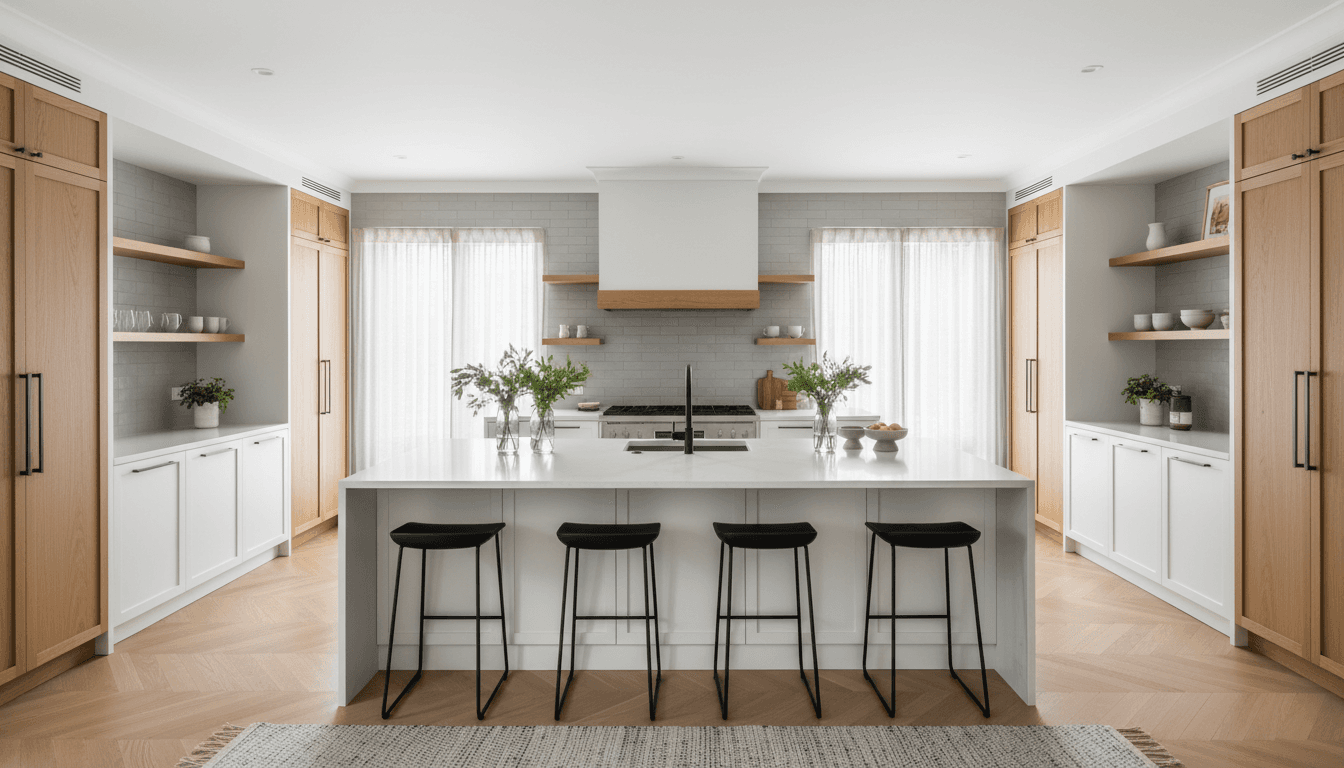 Remodeled kitchen with white cabinets, dark gray island, and wooden accents